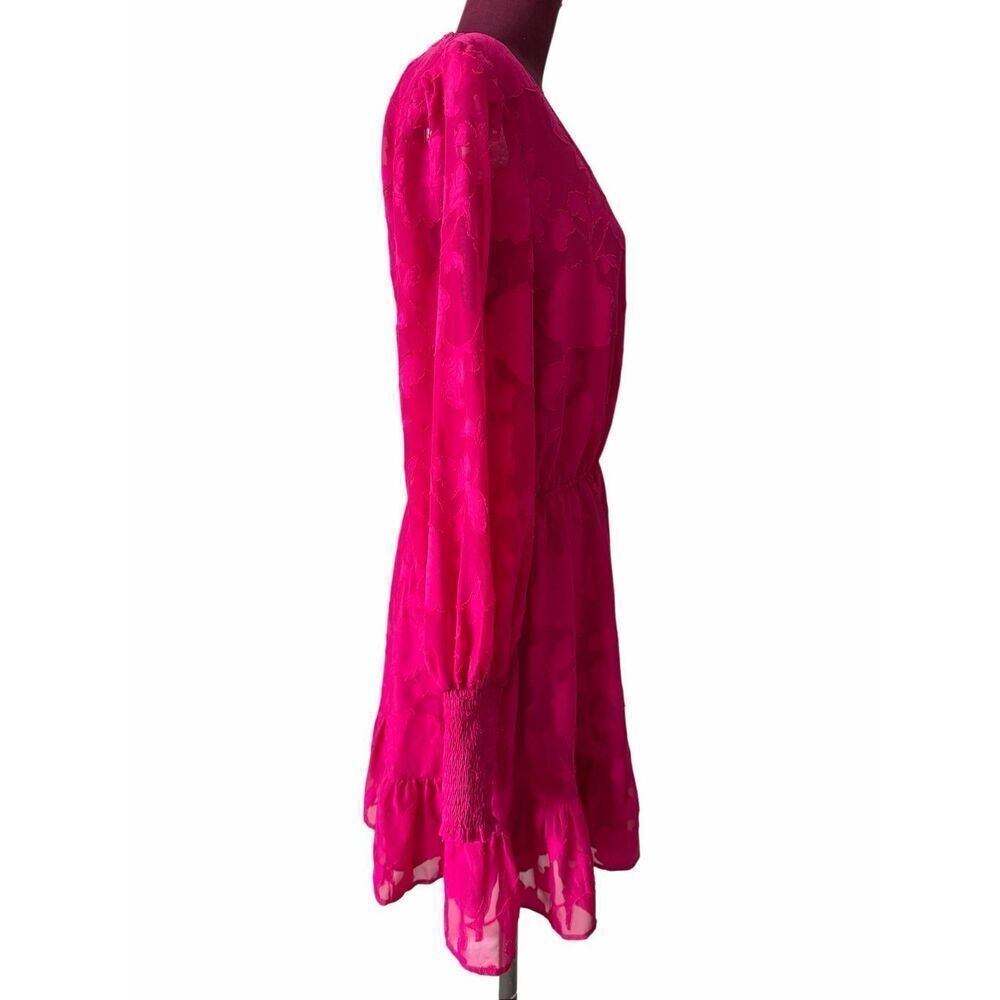 Evereve Mini Dress V Neck Long Sleeve Floral Fit and Flare Pink Fuchsia size Lar - Picture 10 of 13